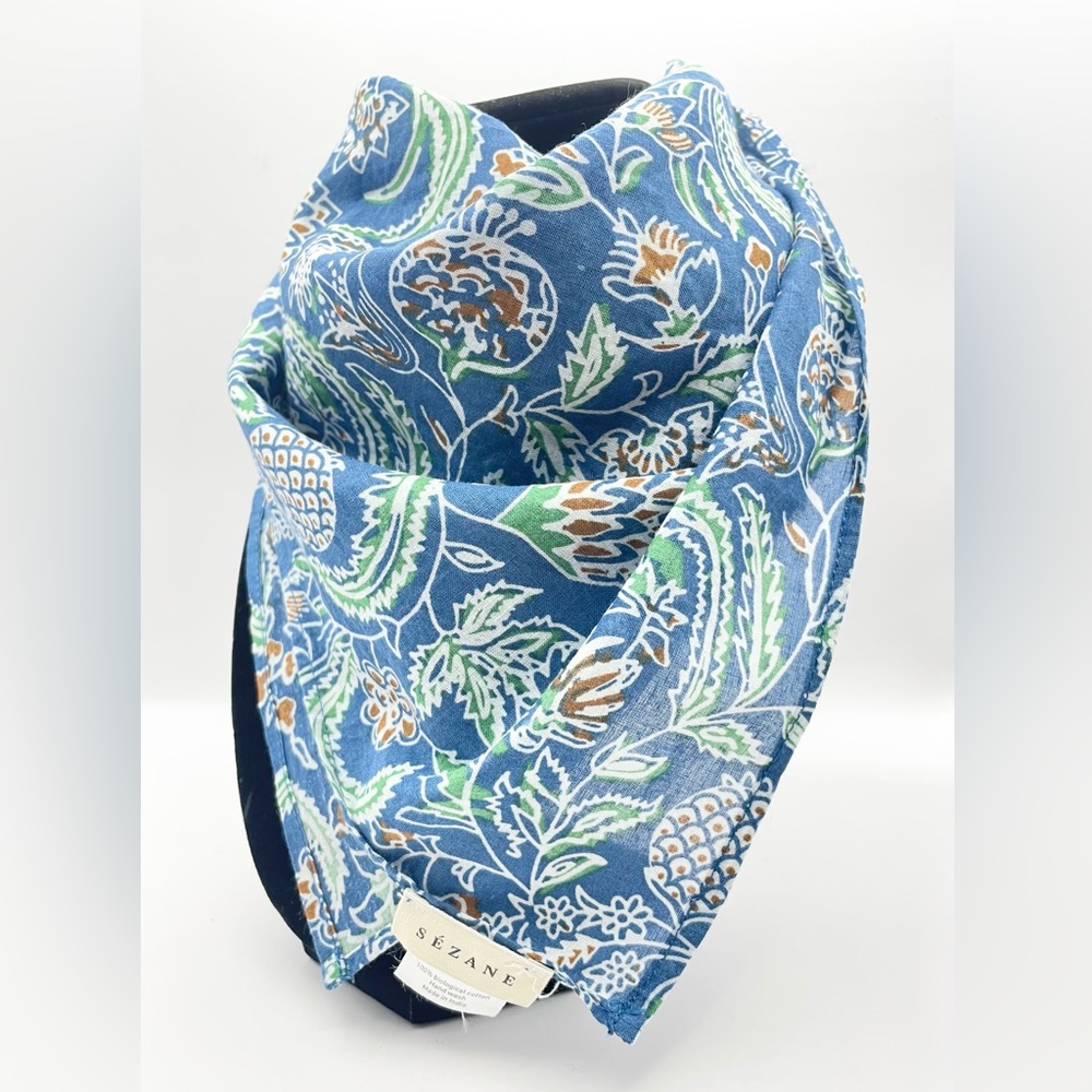 Sezane Blue Floral Organic Cotton Square Neck Scarf